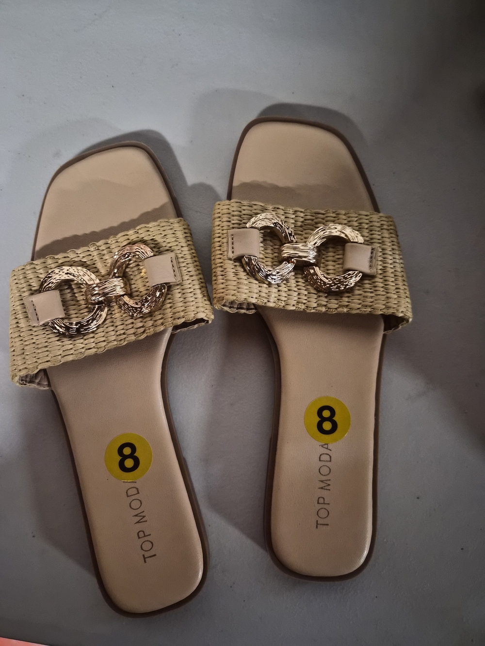 TOP Moda Beige Woven Slide Mules with Gold Chain Detail
